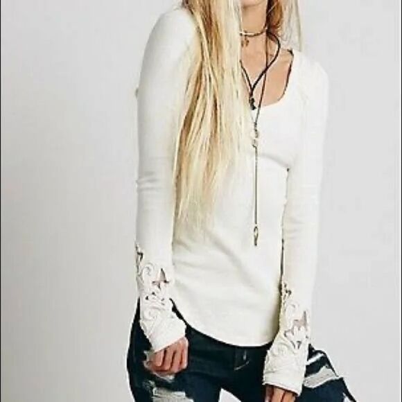 Free People Masquerade Cuff Thermal Shirt in Cream /Ivory - Picture 1 of 9